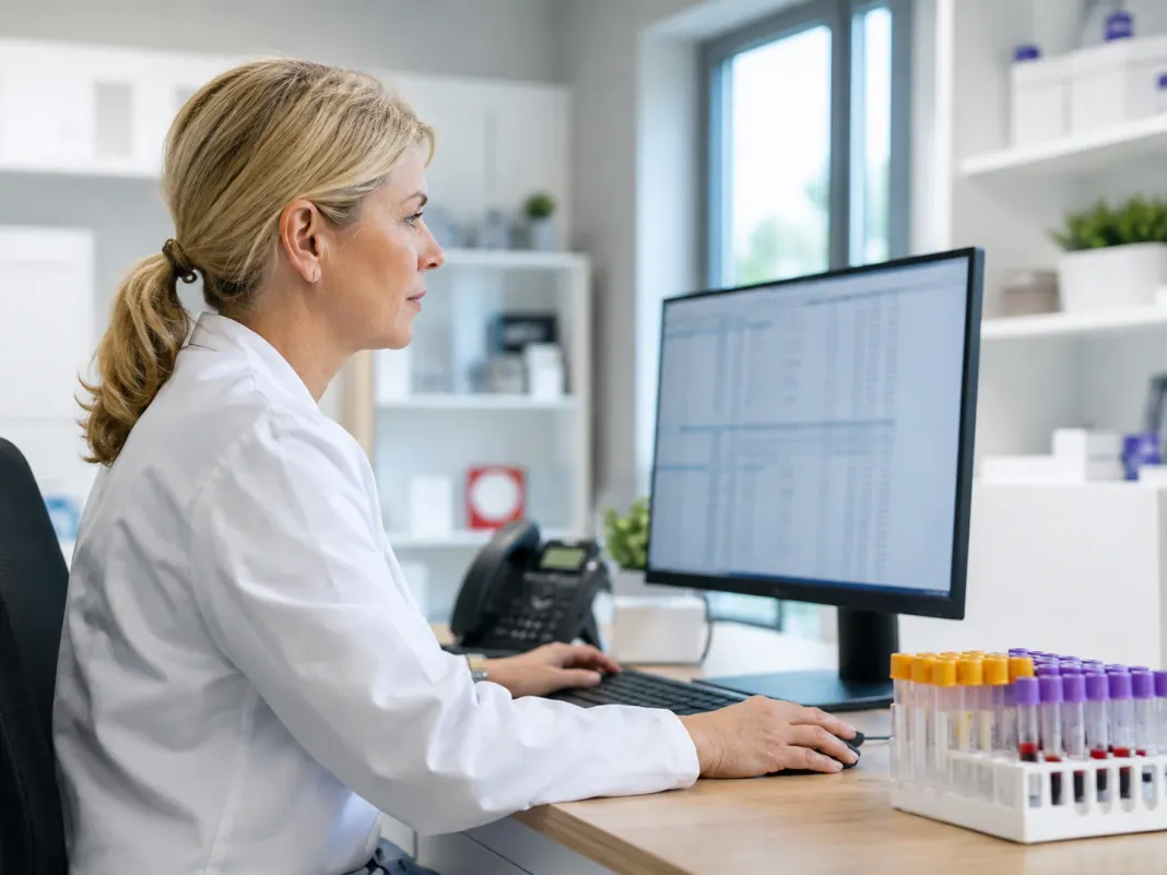 Clinical professional reviewing pathology results at a workstation