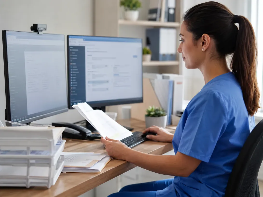 Healthcare professional processing clinical documents at a dual-monitor workstation