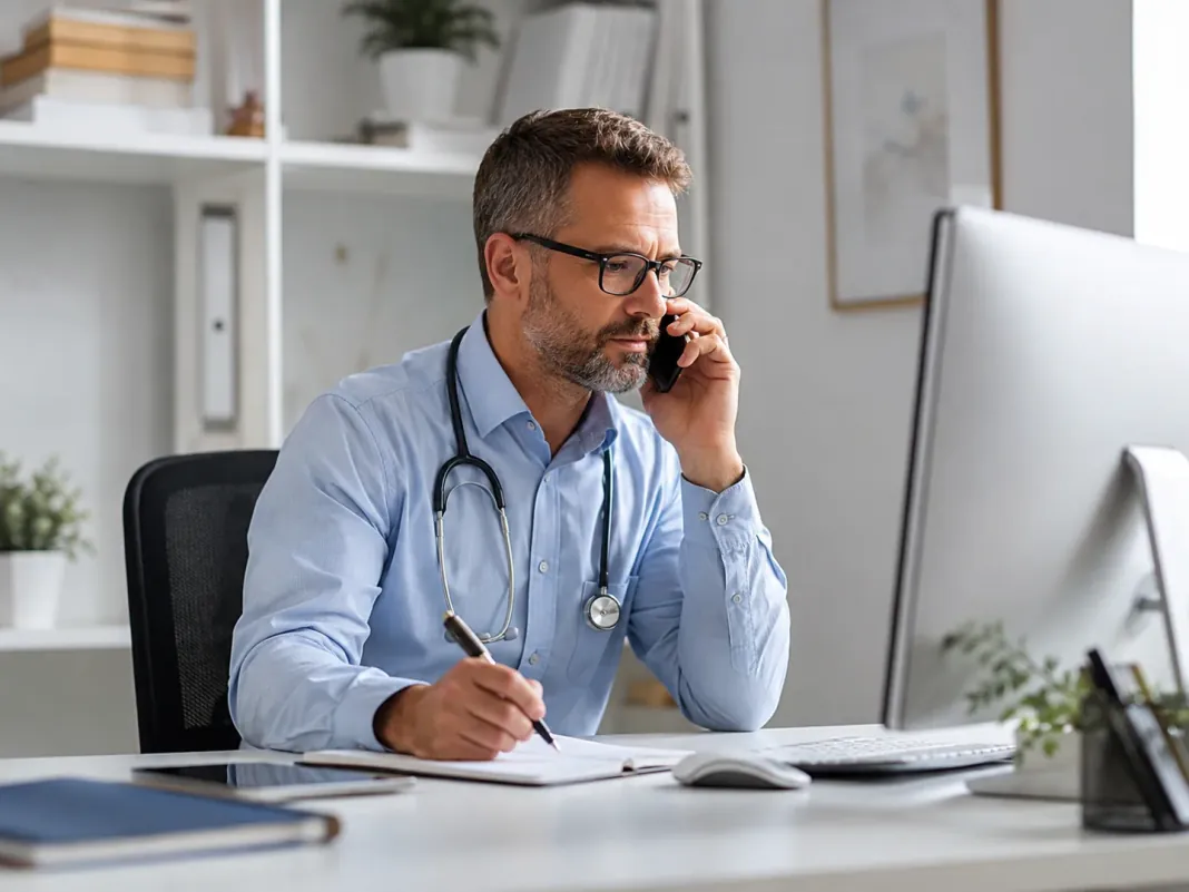 GP reviewing a patient request while speaking on the phone